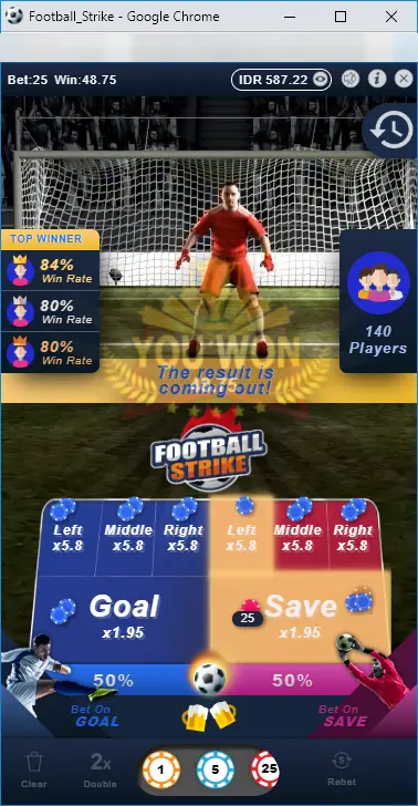 Football Strike after the kick with the goalkeeper back in view and the message The result is coming out, bet 25 on Save highlighted