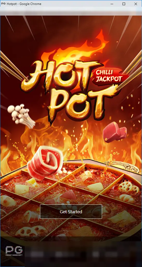 Hotpot loading screen with the flaming Hot Pot Chilli Jackpot logo, chopsticks, mushrooms and meat over a hot-pot bowl and a Get Started button, PG logo bottom left