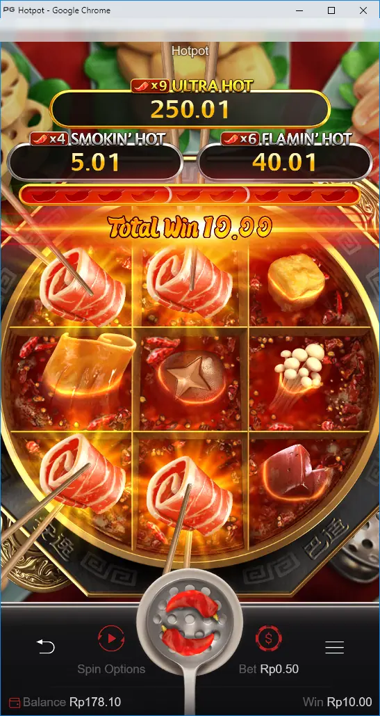 Hotpot win with several squares on fire and a Total Win 10.00 banner above the grid