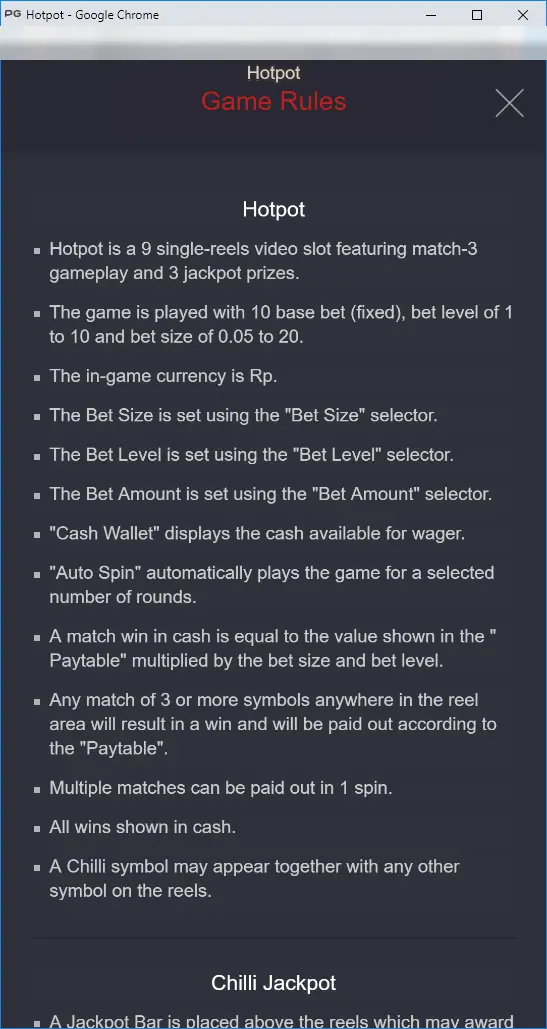 Hotpot Game Rules page: 9 single-reels video slot with match-3 gameplay and 3 jackpot prizes, 10 base bet fixed, bet level 1 to 10, bet size 0.05 to 20
