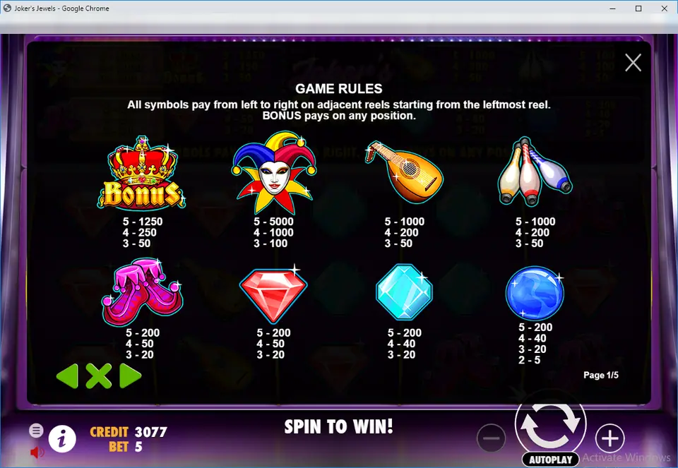Joker's Jewels Game Rules page one with symbol pays in coins for the crown Bonus, jester, lute, pins, boots, ruby, diamond and pearl