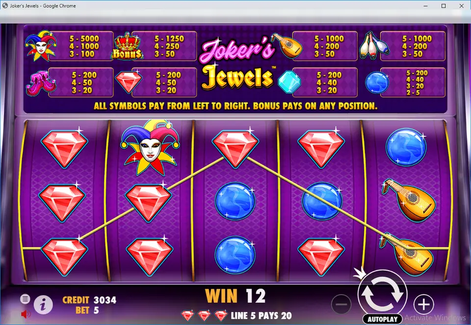 Joker's Jewels line win in coin view with three rubies joined by a drawn line, the bottom bar reading Line 5 pays 20, credit 3034 and bet 5