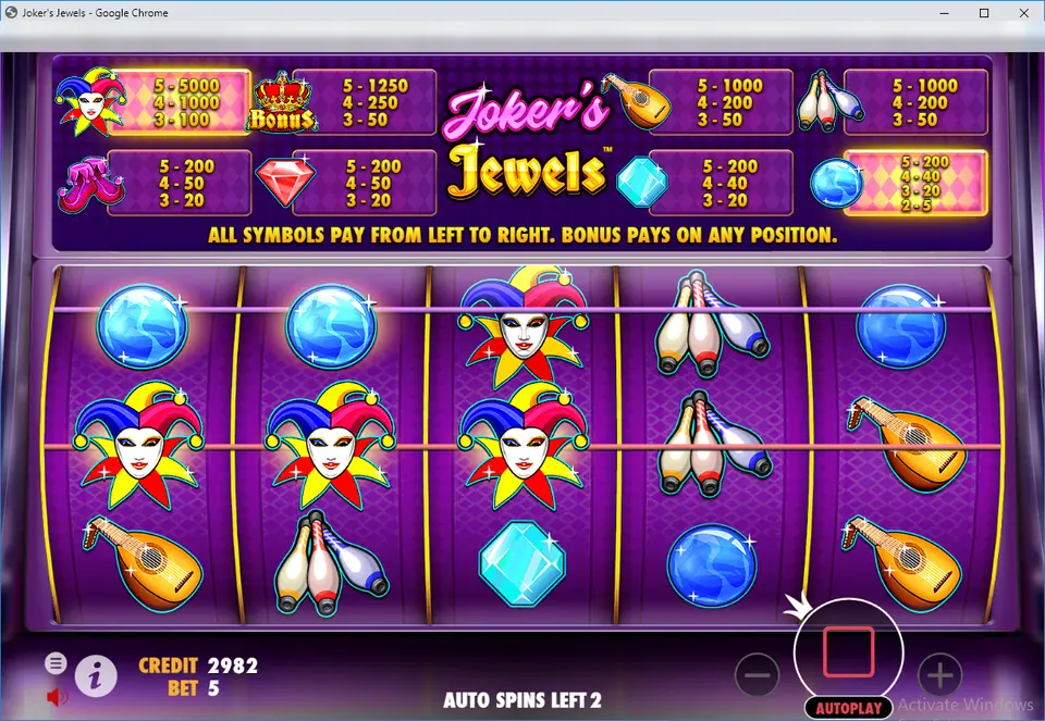 Joker's Jewels during autoplay with jester faces stacked on two reels and Auto Spins Left 2 on the bottom bar