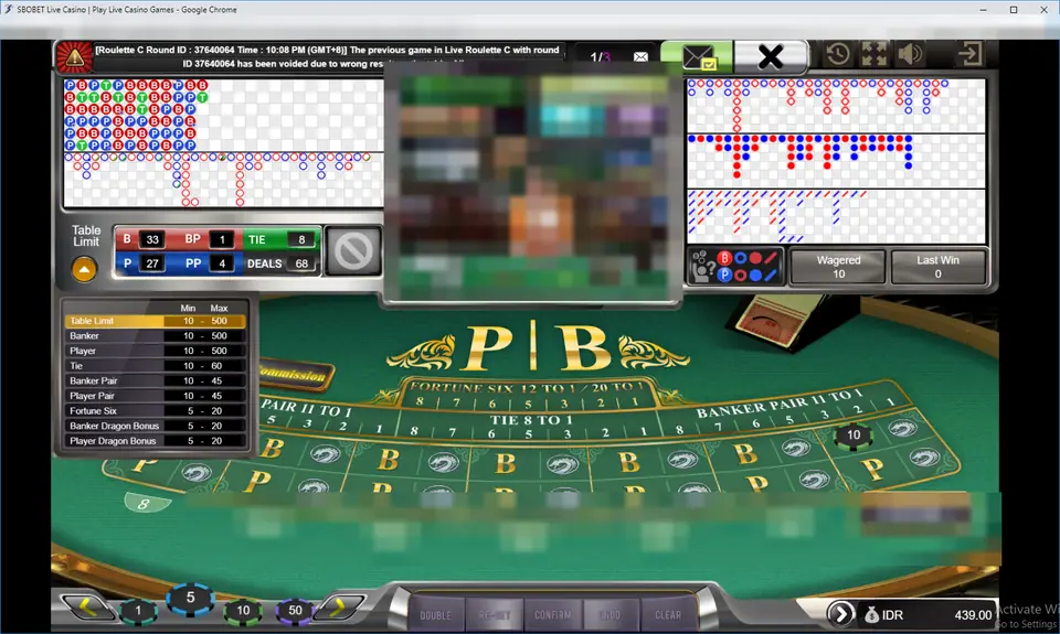 Live Baccarat limits table listing Banker, Player, Tie, pairs, Fortune Six and Dragon Bonus minimums and maximums next to the P and B felt
