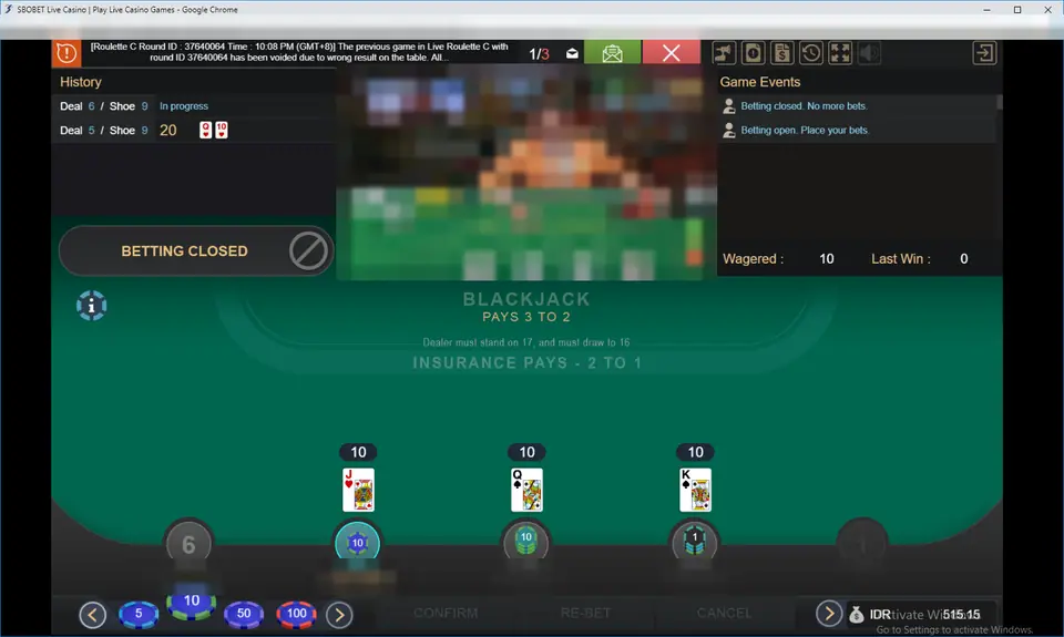 Live BlackJack with Betting Closed on the left and three seats each dealt a first card, a jack, a queen and a king, showing 10