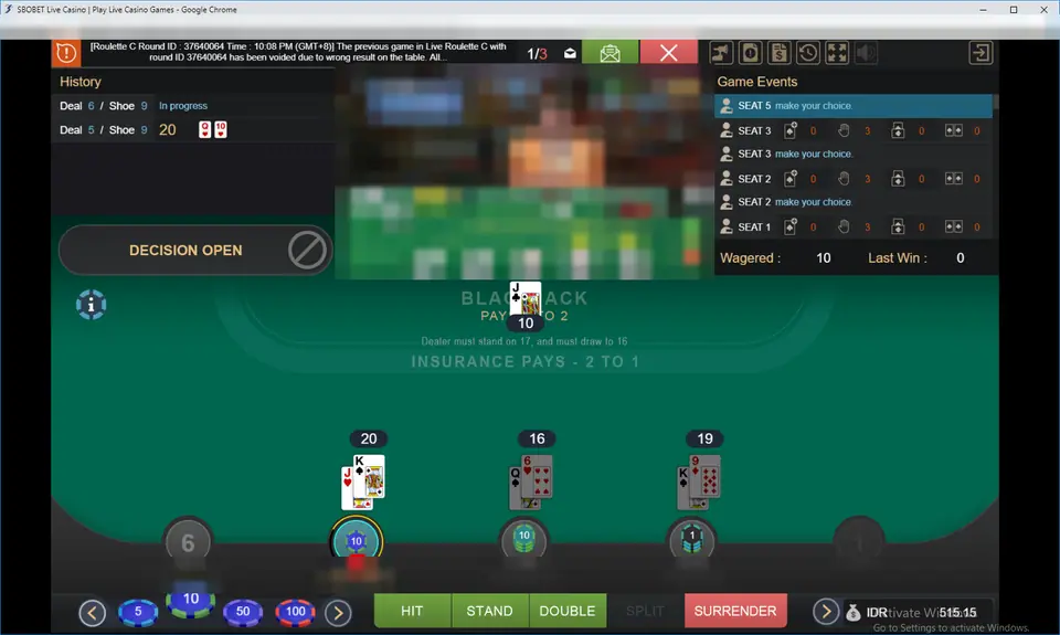 SBOBET Live BlackJack with Decision Open on the left, a blurred dealer video, a Game Events list of seats, the felt reading Blackjack pays 3 to 2 and Hit, Stand, Double and Surrender buttons