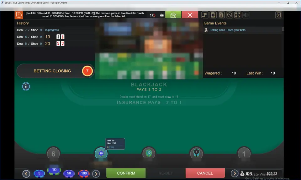 Live BlackJack betting phase with a Betting Closing countdown at 7, a chip tooltip showing Min 10 and Max 200, and Confirm and Cancel buttons