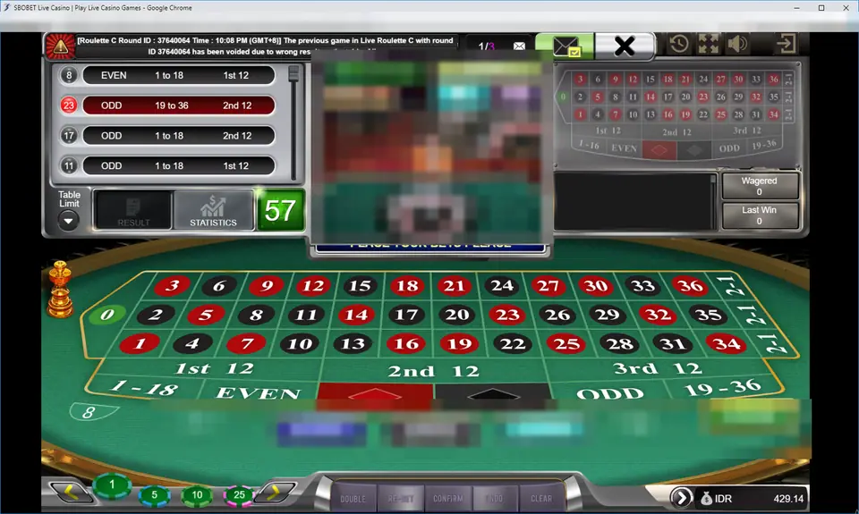 Live Roulette betting phase with a green 57 countdown, a history list of recent numbers, a mini racetrack board on the right and the full single-zero felt