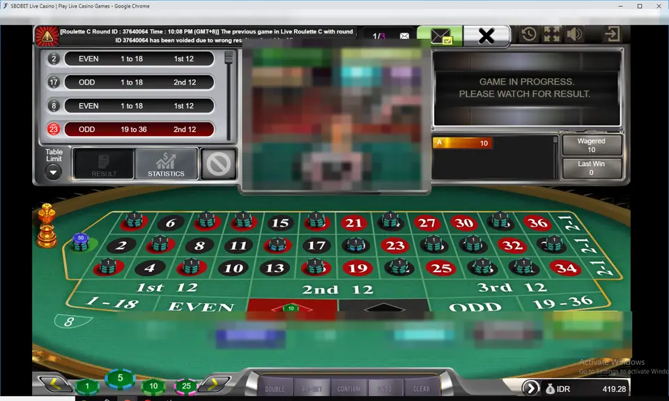 Live Roulette round in progress with a Game in progress, please watch for result message in the right panel