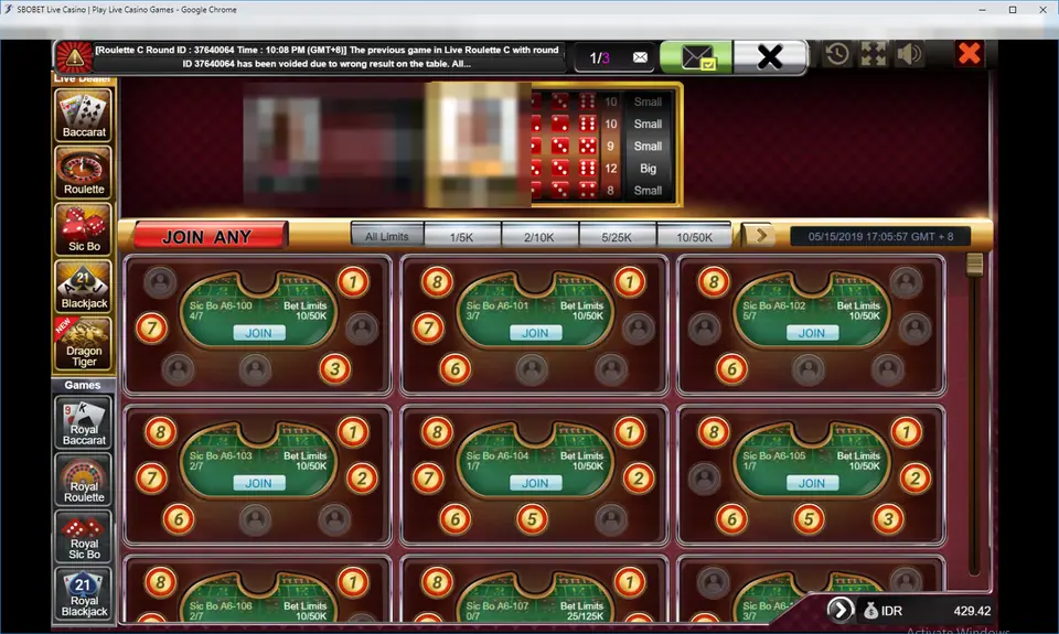 SBOBET live casino lobby on the Sic Bo tab with a grid of tables such as Sic Bo A6-100 to A6-107, bet limits 10/50K and a Join Any button