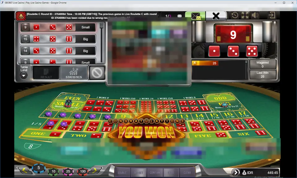 Live Sic Bo result of 9 with three red dice in the result panel, chips on Small and several totals, and a You Won banner over the felt