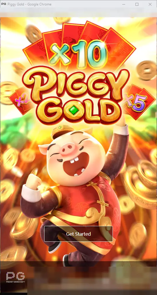 Piggy Gold loading screen with a pig in a red jacket jumping among gold coins and red packets, x10 and x5 tags, the PG logo and a Get Started button