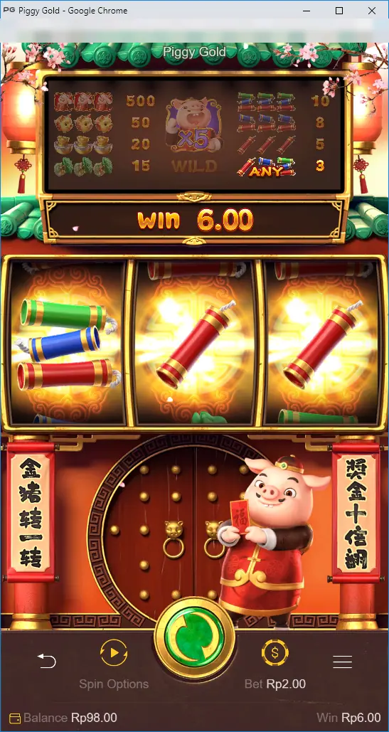 Piggy Gold win of 6.00 with three red and green firecracker symbols lit on the reels