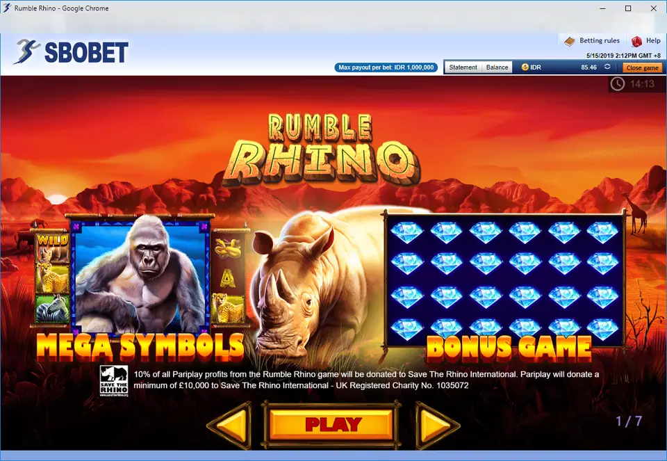 Rumble Rhino intro page with a gorilla Mega Symbols panel, a rhino, a Bonus Game grid of blue diamonds and a Save The Rhino note