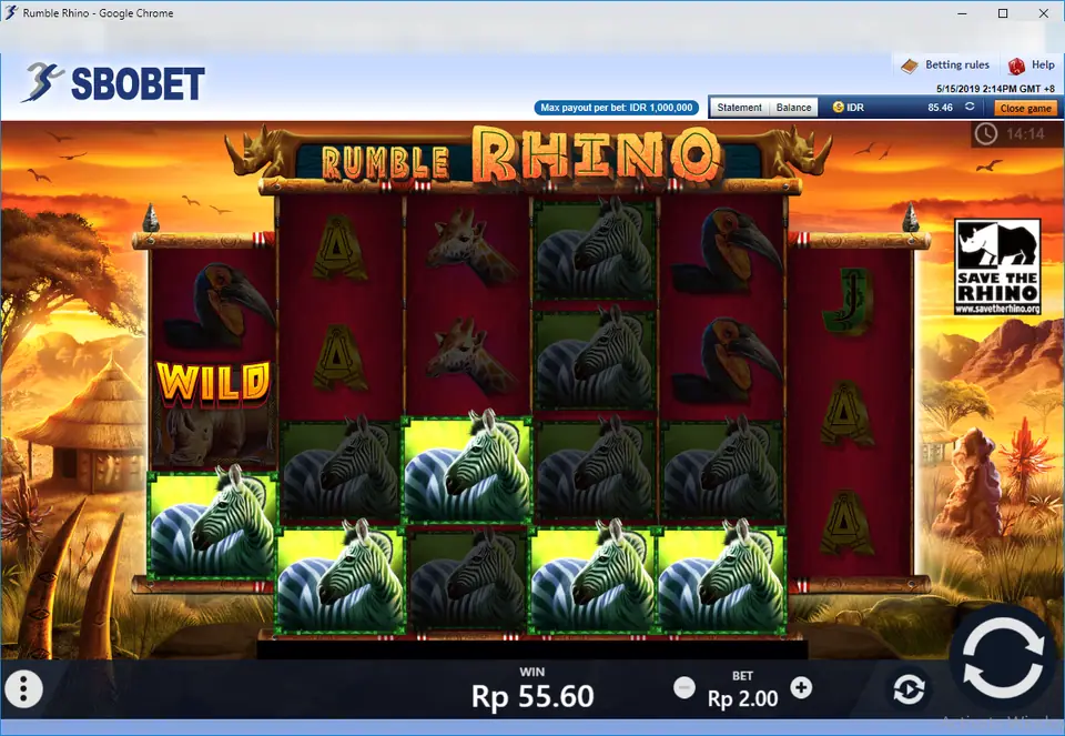 Rumble Rhino win with zebras lit across all six reels and a rhino WILD on the first reel, win Rp 55.60 on a Rp 2.00 bet