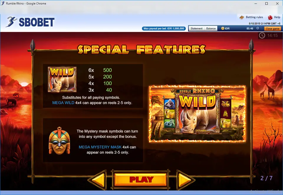 Rumble Rhino Special Features page: rhino WILD paying 500 for six, Mega Wild 4x4 on reels 2-5, and a tribal Mystery Mask symbol