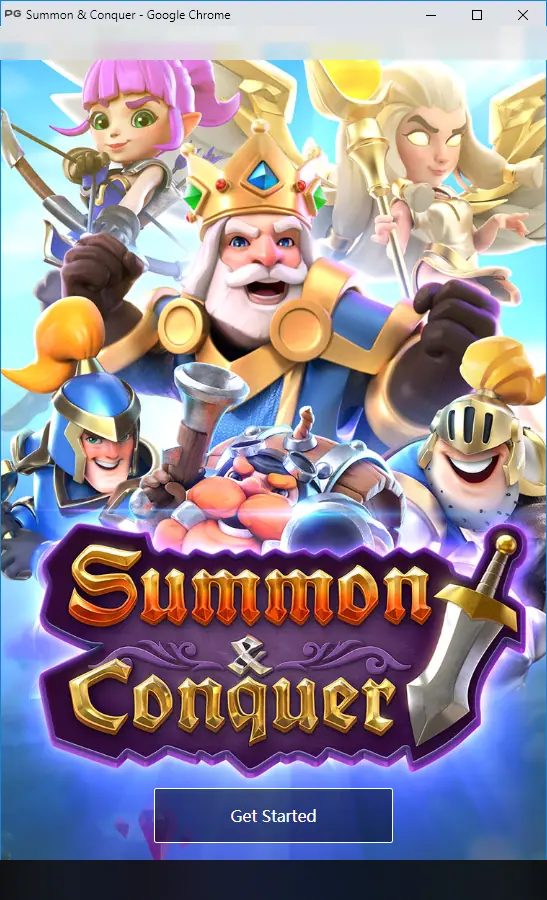 Summon & Conquer loading screen with the king, a pink-haired archer, a blonde fighter and knights behind the game logo and a Get Started button
