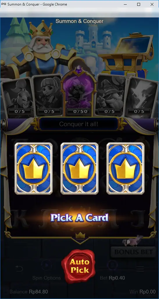Summon & Conquer Pick A Card screen with three face-down blue cards marked with crowns and an Auto Pick button
