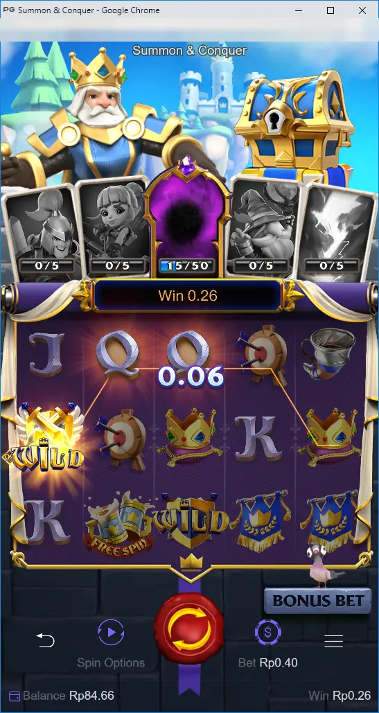 Summon & Conquer line win of 0.06 with WILD symbols on the bottom row and a Win 0.26 banner