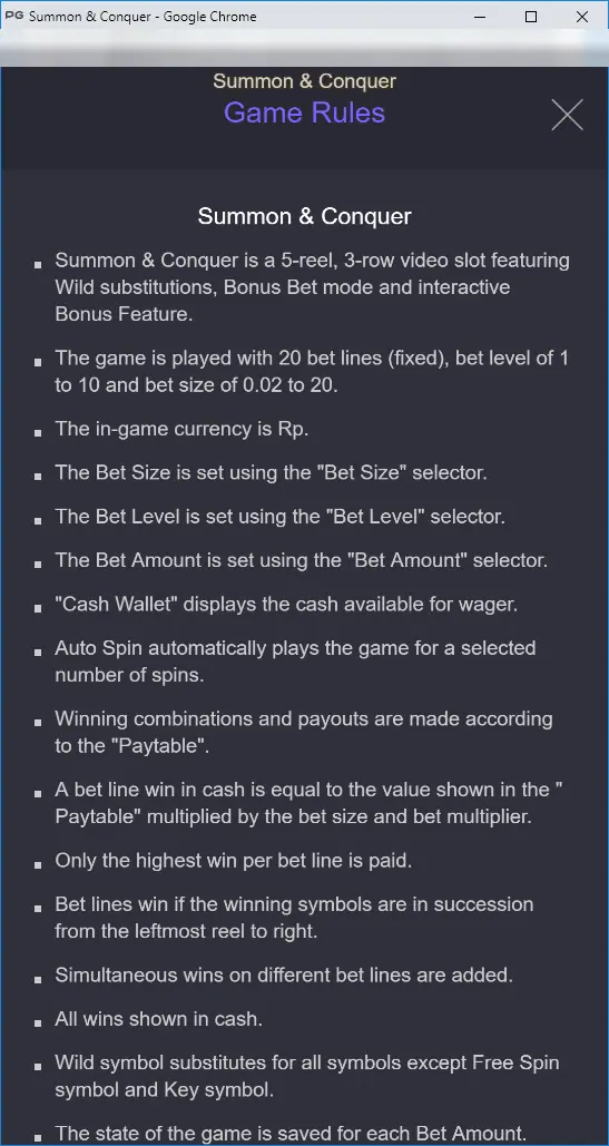 Summon & Conquer Game Rules page listing 5-reel 3-row layout, 20 fixed lines, bet level 1 to 10 and bet size 0.02 to 20