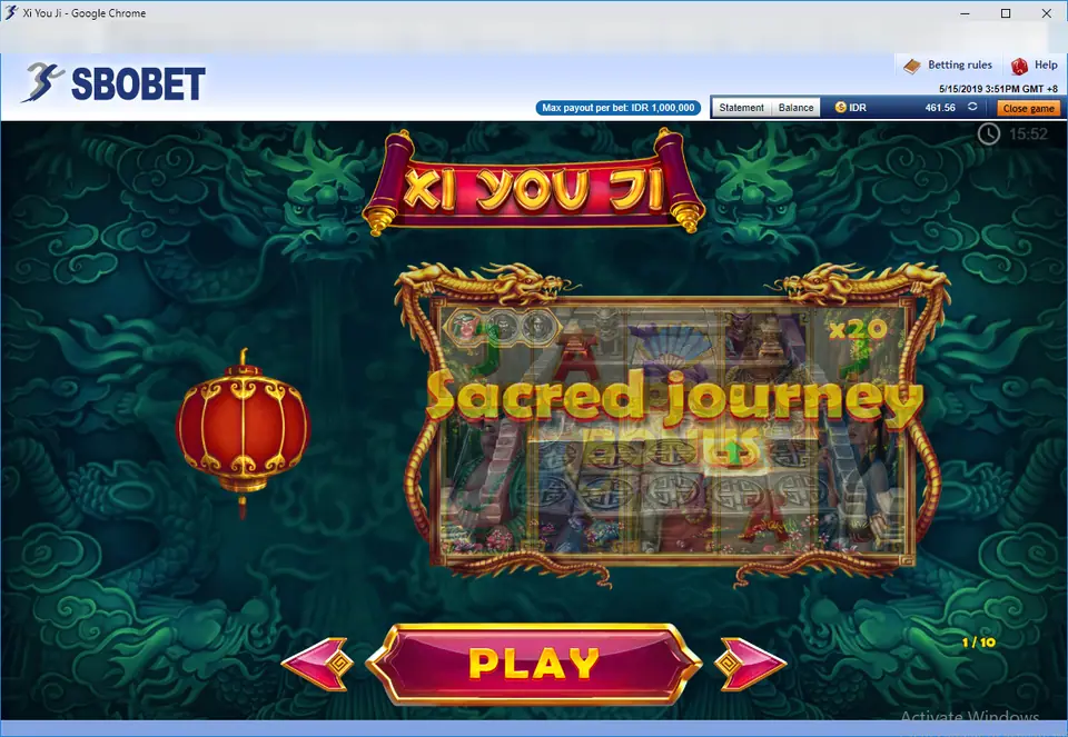 Xi You Ji intro screen titled Sacred journey with a PLAY button and page counter 1/10
