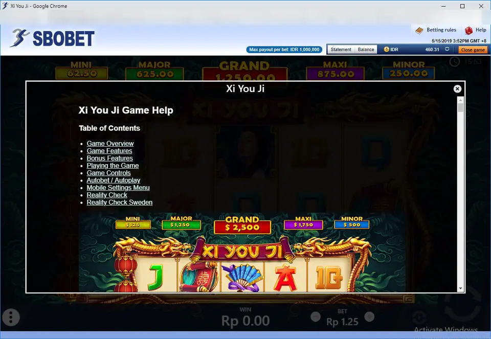 Xi You Ji Game Help window with a table of contents listing Game Overview, Bonus Features, Playing the Game and Reality Check