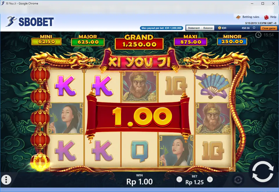Xi You Ji win with a red scroll banner reading 1.00 across the middle row, monkey-king and woman portraits on the reels