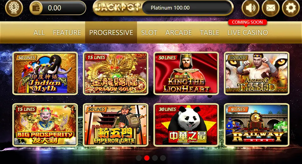 SKY777 lobby on the Progressive tab with tiles for Indian Myth, Dragon Gold, King the Lionheart, Amazing Thailand, Big Prosperity, Emperor Gate, Great China and Railway King