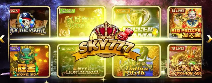 SKY777 crown-and-dice logo over a row of game tiles including Jack the Pirate, Lucky Koi, Soccer Mania, Big Prosperity, Lion Emperor and Indian Myth